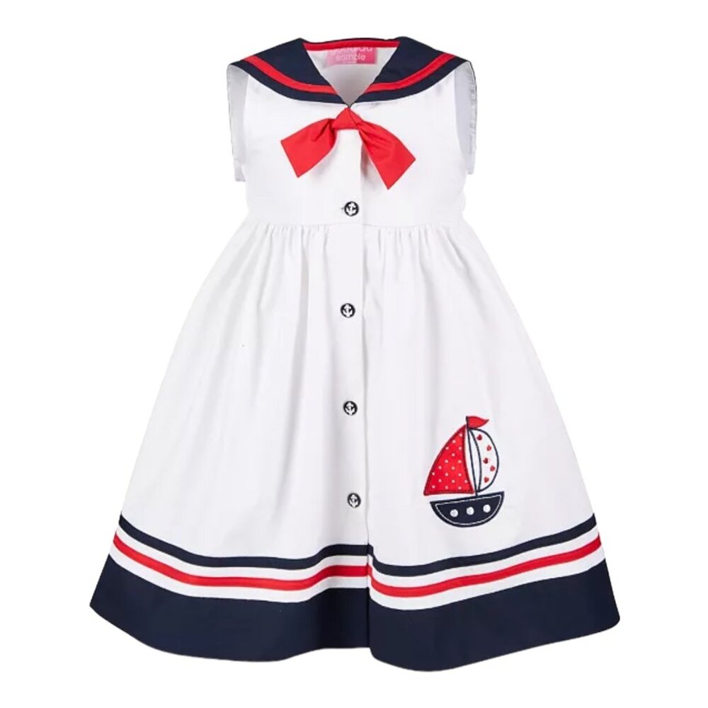 NWT $58 Good Lad 18m Girl Sailors Dress White Poplin Nautical Sailboat Applique